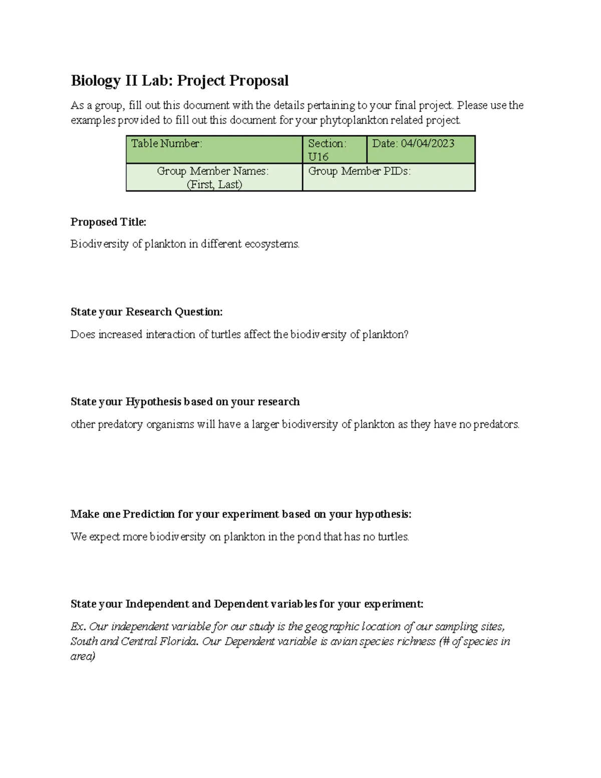 Free high school biology project proposal template Word