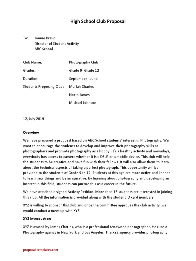 high school club proposal template