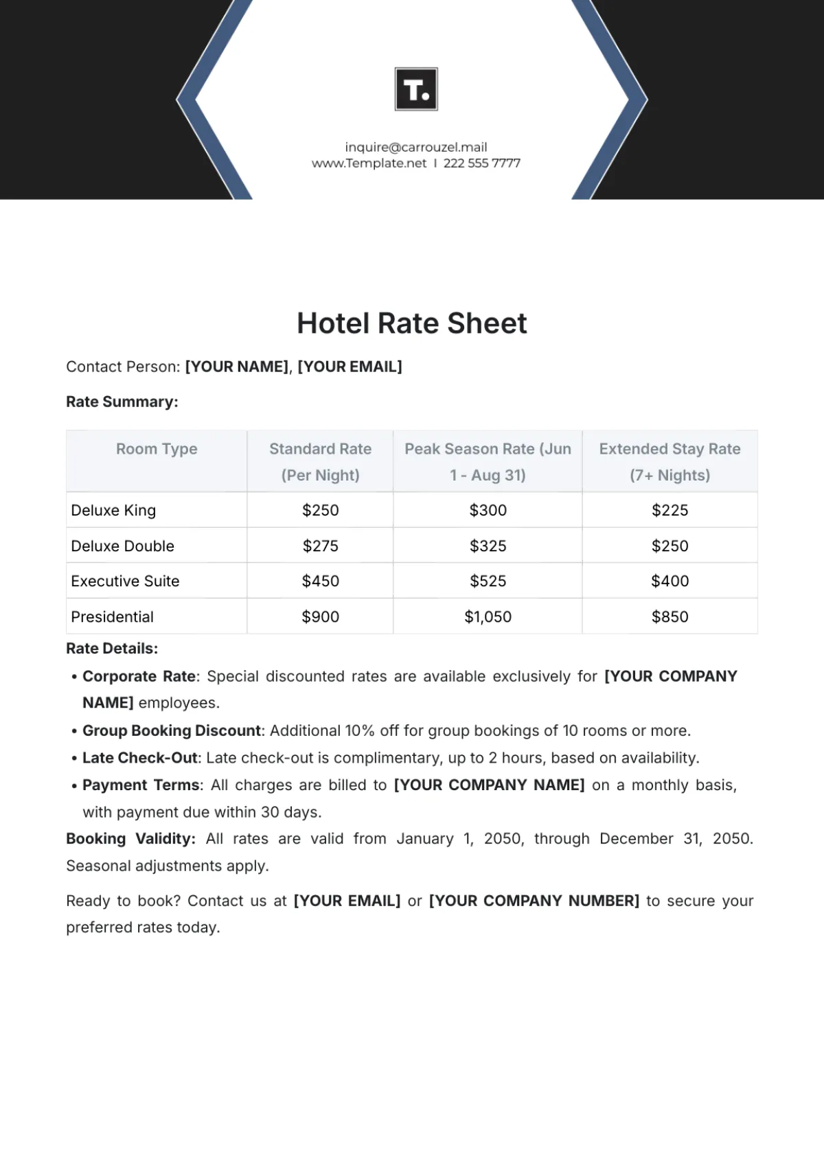 hotel room rate proposal template