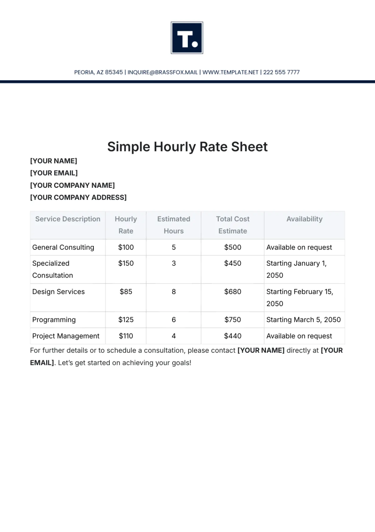 hourly rate fee proposal template PDF