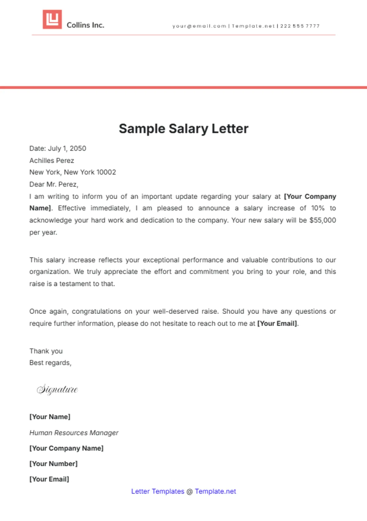 hr letter regarding salary proposal template