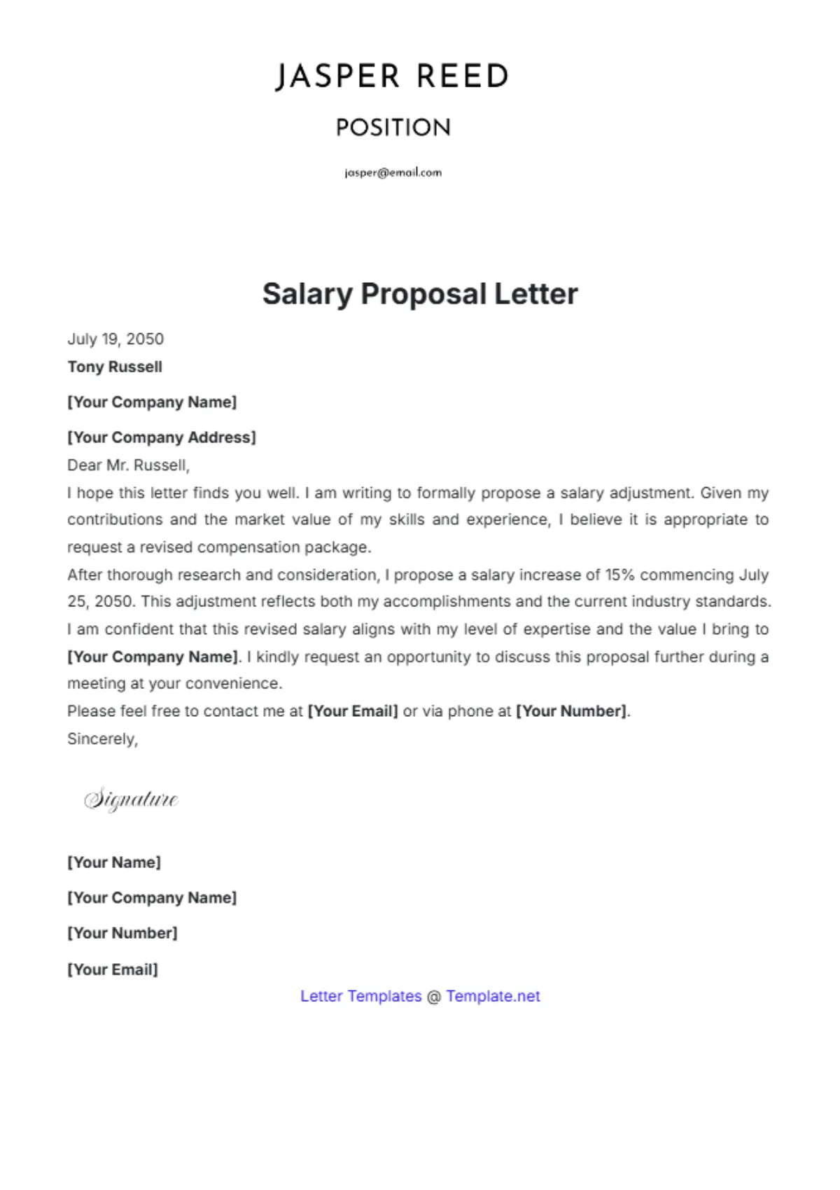 Printable hr letter regarding salary proposal template