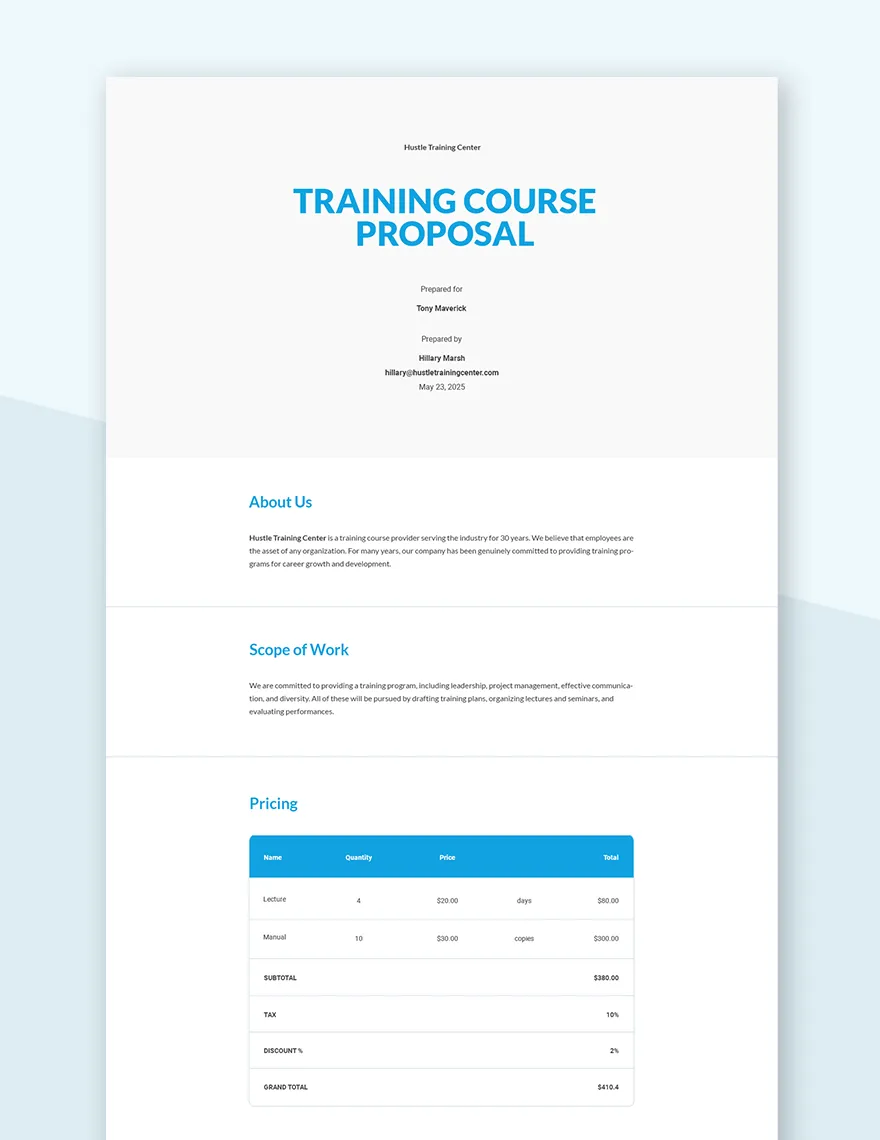 Printable in house training proposal template