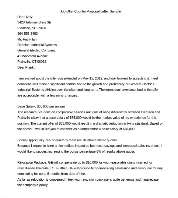 Printable job offer counter proposal template