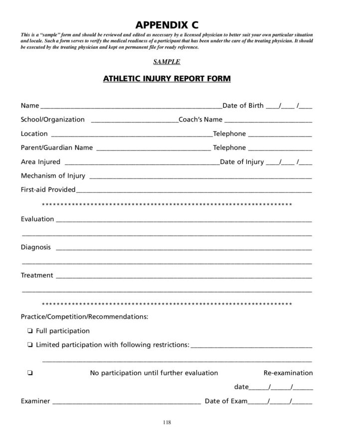 Athletic Training Injury Report Template
