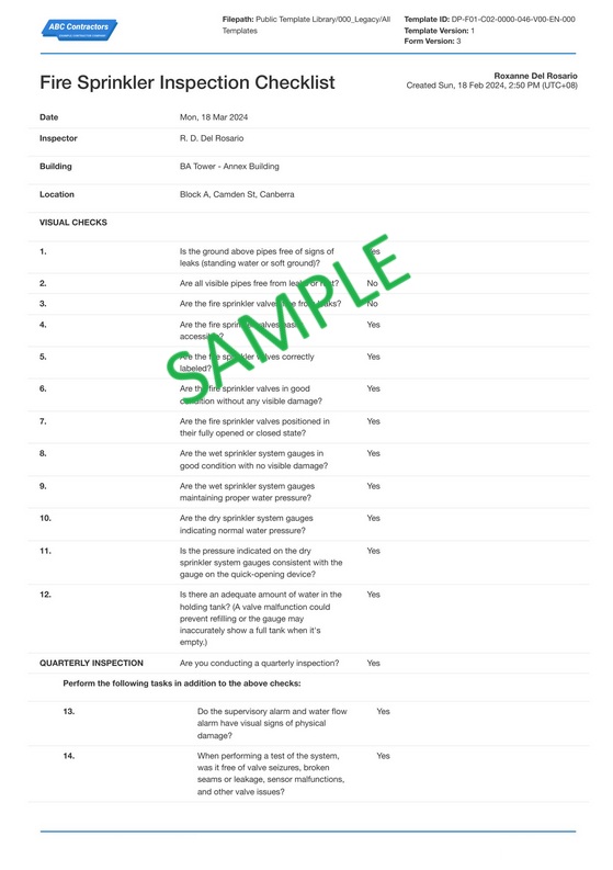 Fire Sprinkler Inspection Report Template